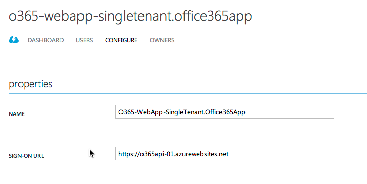 O nome está definido como O365-WebApp-SingleTenant.Office365App, a URL de logon está definida como https://o365api-01.azurewebsites.net