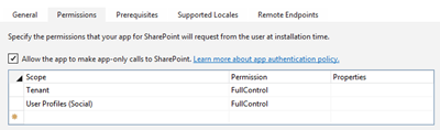 A lista de permissões: o locatário de escopo tem a permissão FullControl. O escopo Perfis de Usuário (Social) tem a permissão FullControl. A caixa marcar Permitir que o aplicativo faça chamadas somente de aplicativo para o SharePoint está marcada.