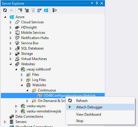 O Servidor Explorer expandiu os objetos aninhados Sites, vesaj-od4bconf, WebJobs, Continuous, OD4BConfigurationAsyncWebJob. Um menu de contexto é exibido no OD4BConfigurationAsyncWebJob e a opção de menu de contexto Anexar Depurador está realçada.