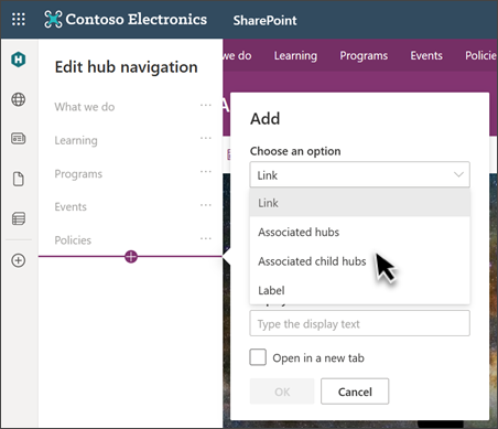 Imagem da secção de navegação num site do SharePoint no modo de edição