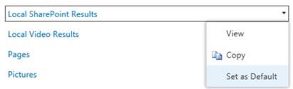 Captura de tela da opção Definir como Padrão no menu suspenso dos Resultados locais do SharePoint.