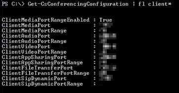 Captura de tela que mostra a tela CMD mostrando Get-CsConferencingConfiguration comando e o resultado de intervalos de porta.