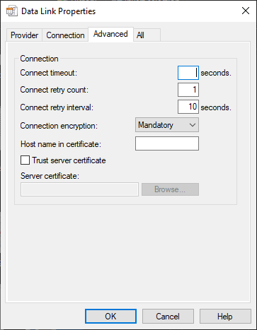 Captura de tela das páginas de link de dados do OLE DB – guia Avançado