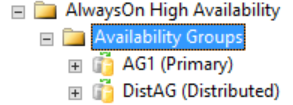 Captura de tela do SQL Server Management Studio da réplica primária no primeiro WSFC de um grupo de disponibilidade distribuído.