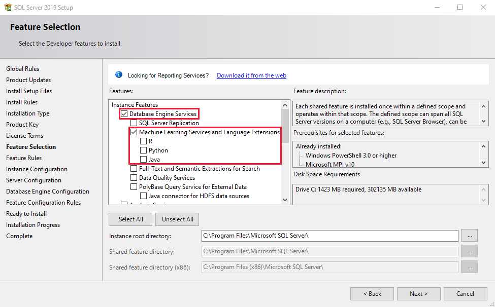 Instalação das Extensões de Linguagem do SQL Server 2019.