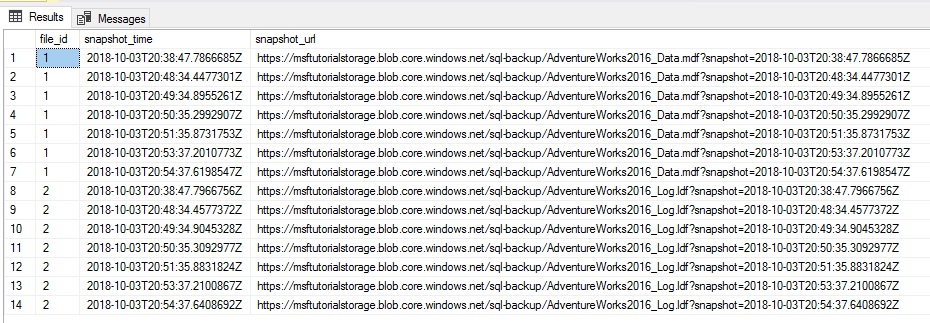 Captura de tela do painel de resultados do SSMS mostrando dois instantâneos de arquivo excluídos.