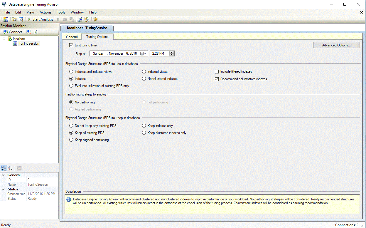 Opção de otimização de índices columnstore do DTA