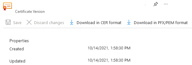 Captura de tela do certificado no portal do Azure, em que é possível realizar a exibição e o download do certificado.