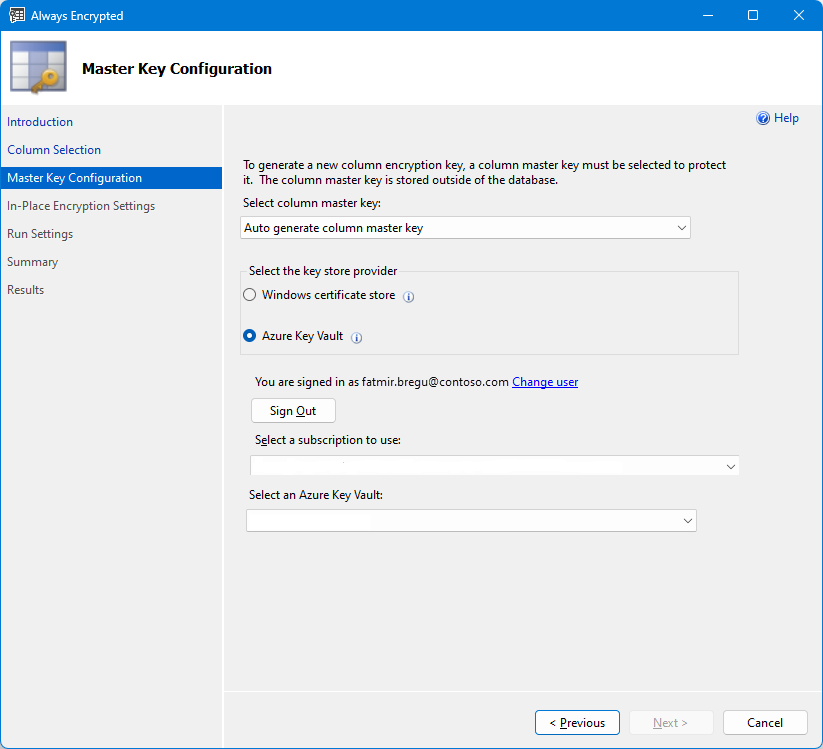 Captura de tela da seleção de chave mestra do Assistente Always Encrypted com o Azure Key Vault.