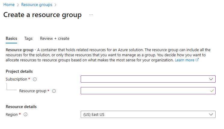 Captura de tela do painel Criar um grupo de recursos no portal do Azure.