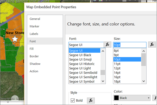Captura de tela que mostra a seção Alterar opções de fonte, tamanho e cor da caixa de diálogo Propriedades do Ponto Inserido do Mapa.