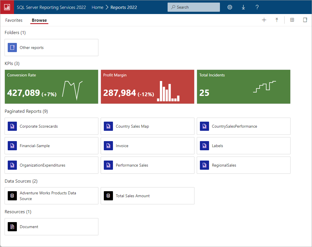 Captura de tela do novo portal da Web do Reporting Services [!INCLUDE [sssql22-md](../includes/sssql22-md.md)] atualizado.