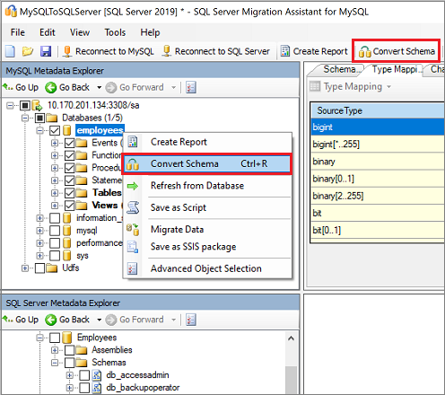 Captura de tela que mostra a opção Converter Esquema.