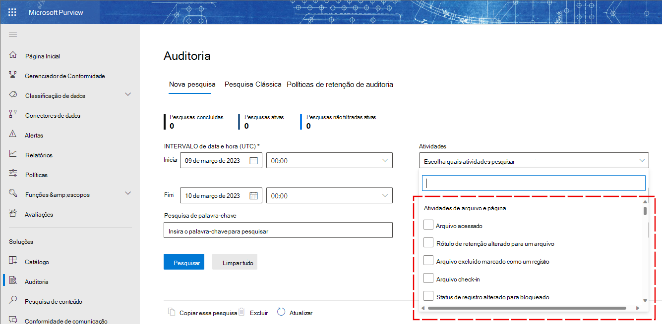 Captura de ecrã da IU dos registos de auditoria