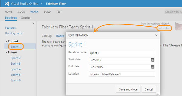 Screenshot of the Visual Studio Online screen's Sprint 1 option being highlighted and the Set Dates option opening the Edit Iteration pane.