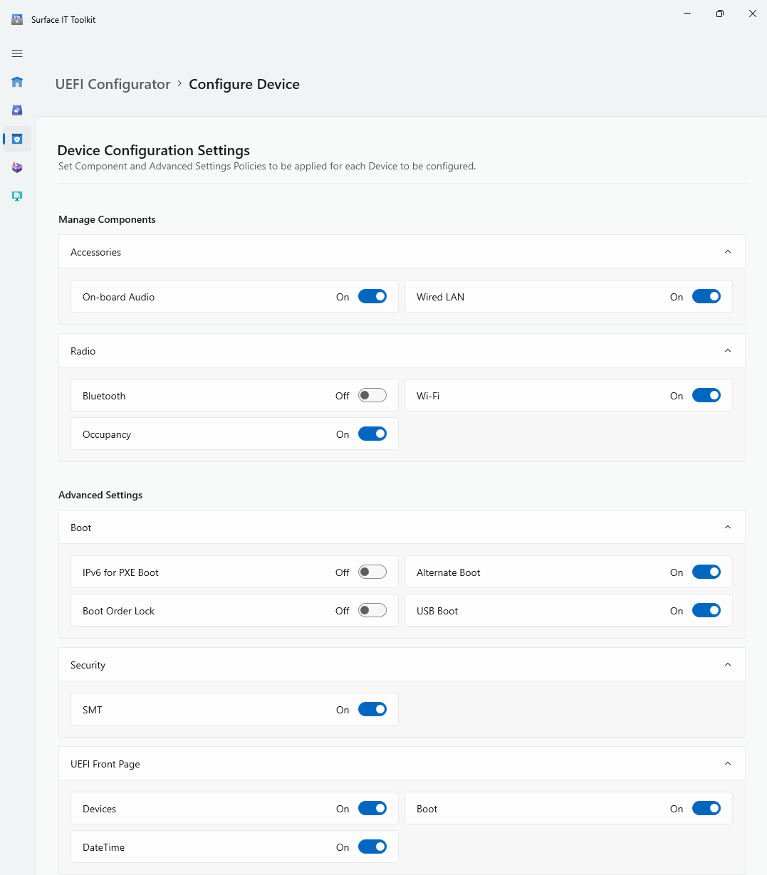 Captura de ecrã a mostrar componentes e definições avançadas para ativar ou desativar.