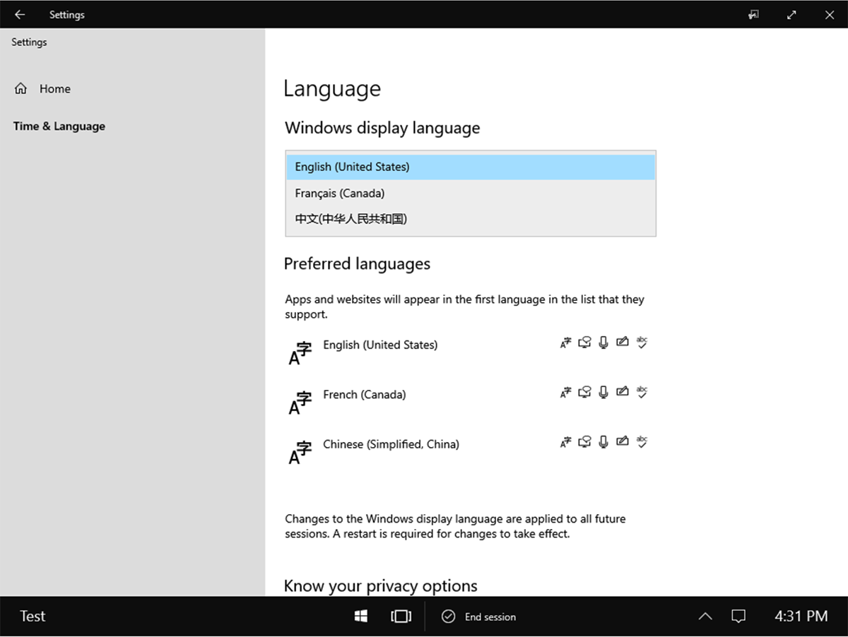 Captura de ecrã que mostra as definições de idioma de apresentação do Windows no Surface Hub.