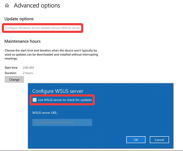 Imagem mostrando onde encontrar a configuração do WSUS do Surface Hub.