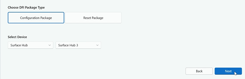 Captura de ecrã a mostrar a seleção do Pacote de Configuração.