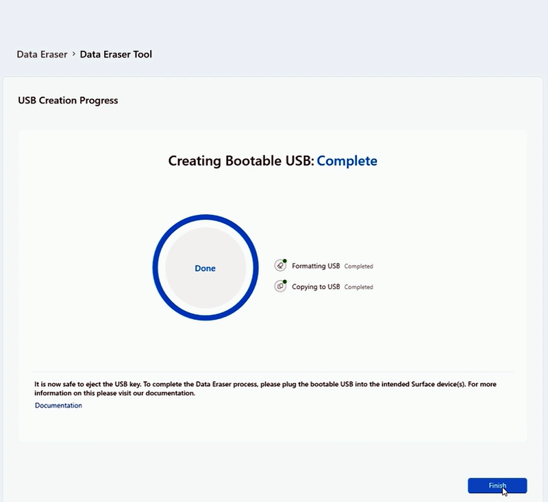 Captura de tela da página Progresso da Criação USB.