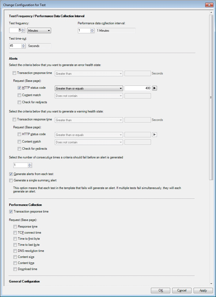 Captura de tela da página Alterar configuração para teste (topo).