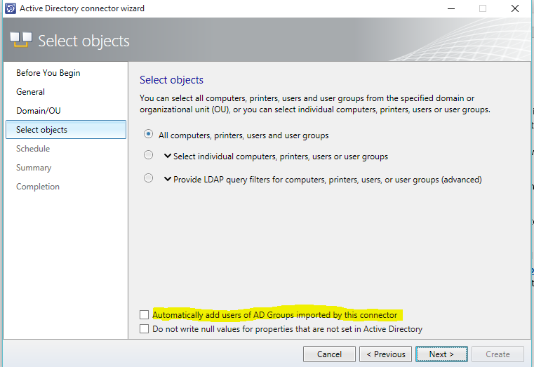 Captura de tela do assistente do Active Directory Connector.