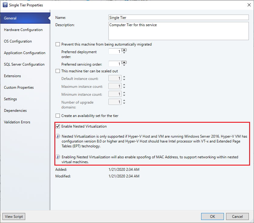 Captura de tela de habilitar a virtualização aninhada por meio do assistente Criar modelo de serviço de VM.