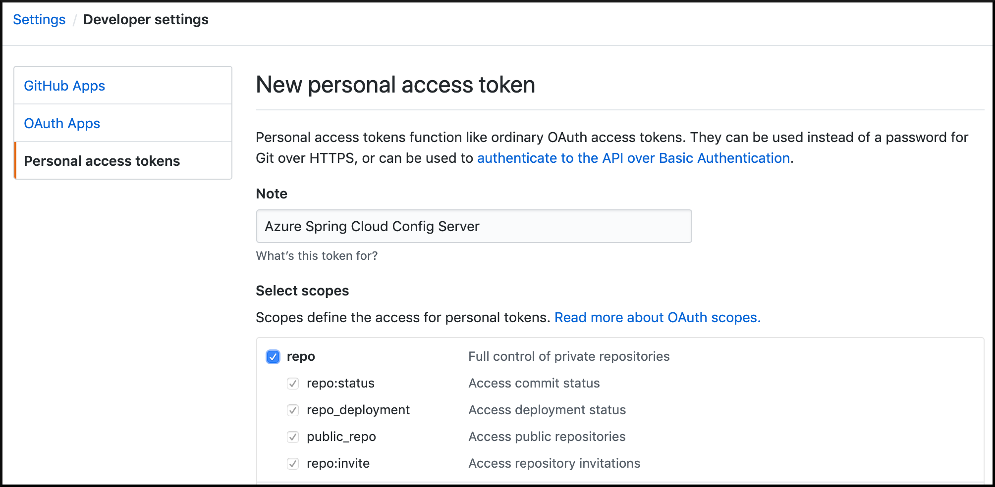 Captura de tela que mostra as configurações do token de acesso pessoal do GitHub.