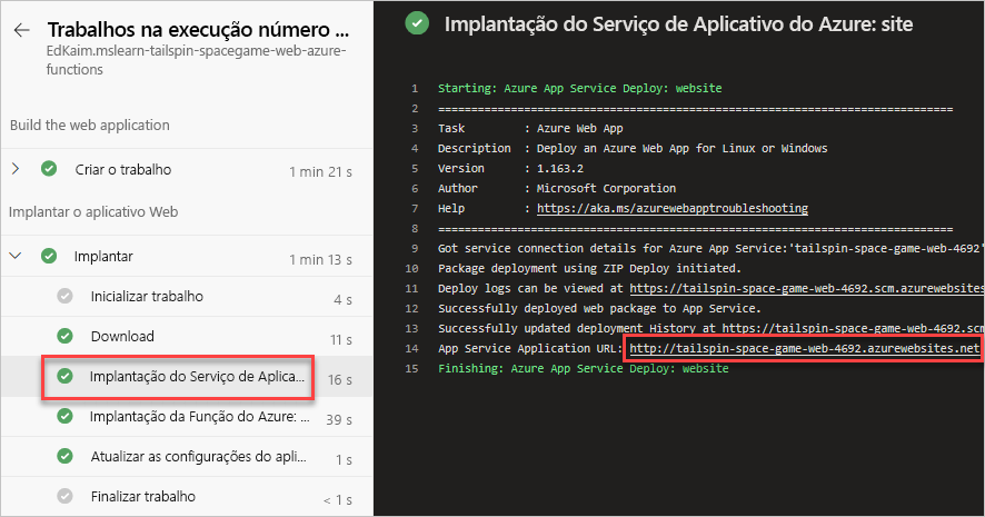 Uma captura de tela do Azure Pipelines mostrando a localização da URL do site.