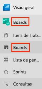 Captura de tela do Azure DevOps mostra a localização do menu Boards.