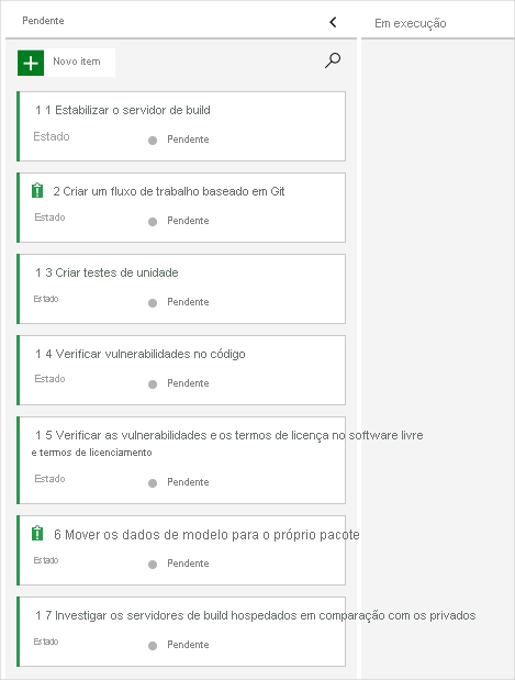 Captura de tela do Azure Boards mostra uma lista de pendências de problemas.