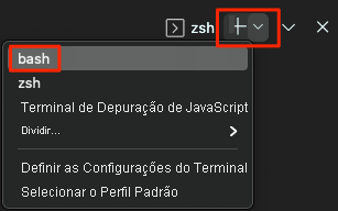 Captura de tela do Visual Studio Code mostrando a localização do shell Bash.