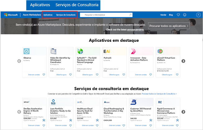 Captura de tela da home page do Azure Marketplace com ênfase nos botões aplicativos e serviços de consultoria.