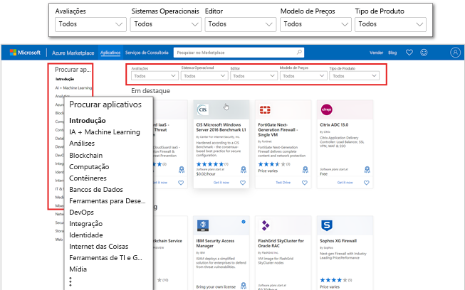 Captura de tela da página de destino dos aplicativos do Azure Marketplace com ênfase nas categorias e nos filtros de aplicativo.