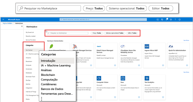 Captura de tela do Azure Marketplace no portal do Azure com ênfase nas categorias e nos filtros de aplicativo.