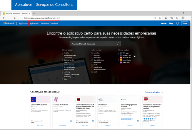 Captura de tela da home page do Microsoft AppSource com ênfase nos botões aplicativos e serviços de consultoria.