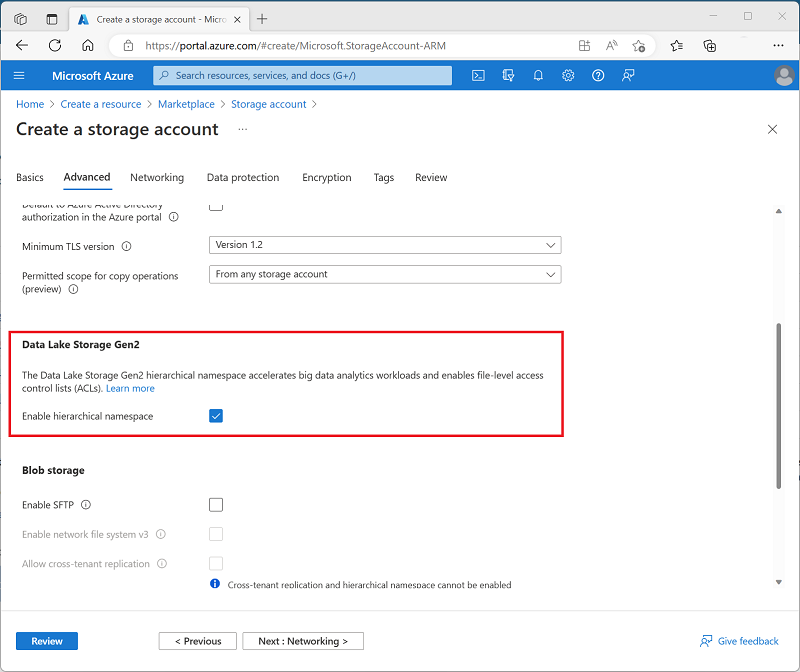 Captura de tela das configurações avançadas para criar uma conta de armazenamento.