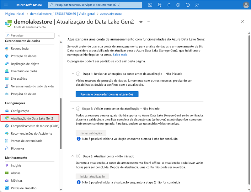 Captura de tela das configurações avançadas para criar uma conta de armazenamento.