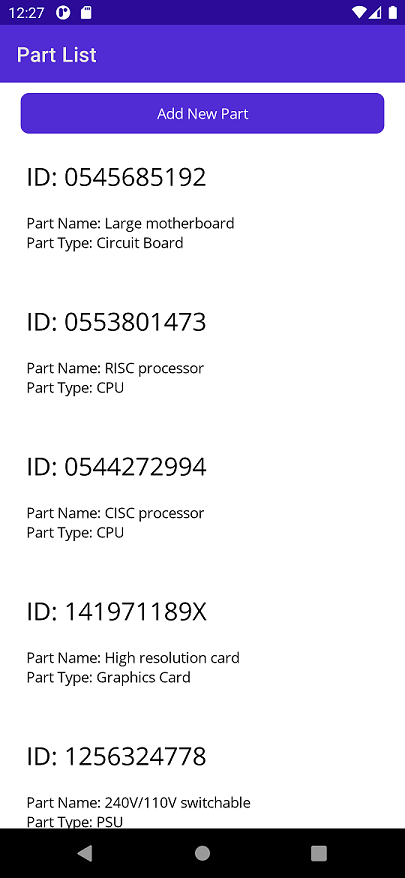 Captura de tela do aplicativo cliente de partes em execução no Android mostrando uma lista de partes.