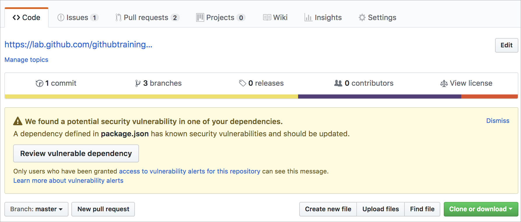 Captura de tela dos alertas do Dependabot sobre dependências vulneráveis.