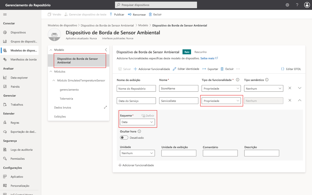 Captura de tela que mostra as propriedades de nuvem no modelo de dispositivo.