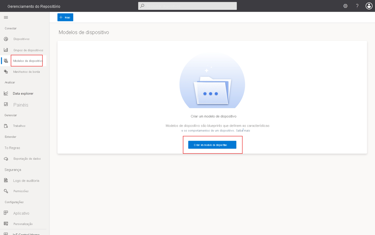 Captura de tela que mostra a página de modelos de dispositivo em que você gerencia os modelos em seu aplicativo do Azure IoT Central.