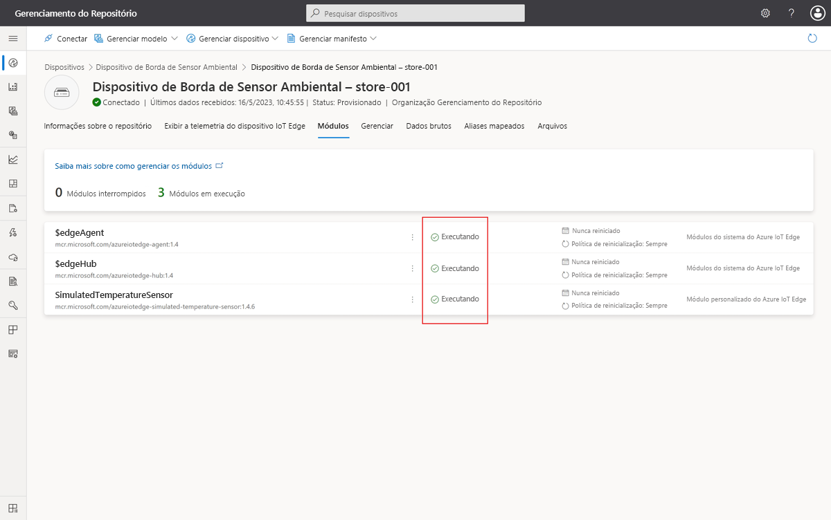 Captura de tela que mostra três módulos em execução no dispositivo do IoT Edge.