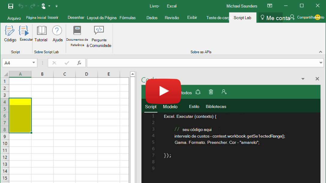 Vídeo de pré-visualização a mostrar o Laboratório de Scripts em execução no Excel, Word e PowerPoint.