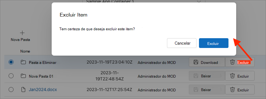 Captura de ecrã a mostrar a funcionalidade de eliminação de itens num Contentor.