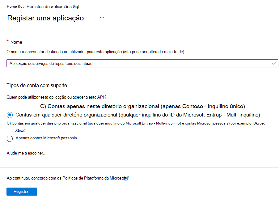 Captura de tela da página Registrar um aplicativo.