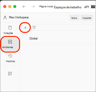 Captura de ecrã a mostrar o Postman a criar um novo ambiente.