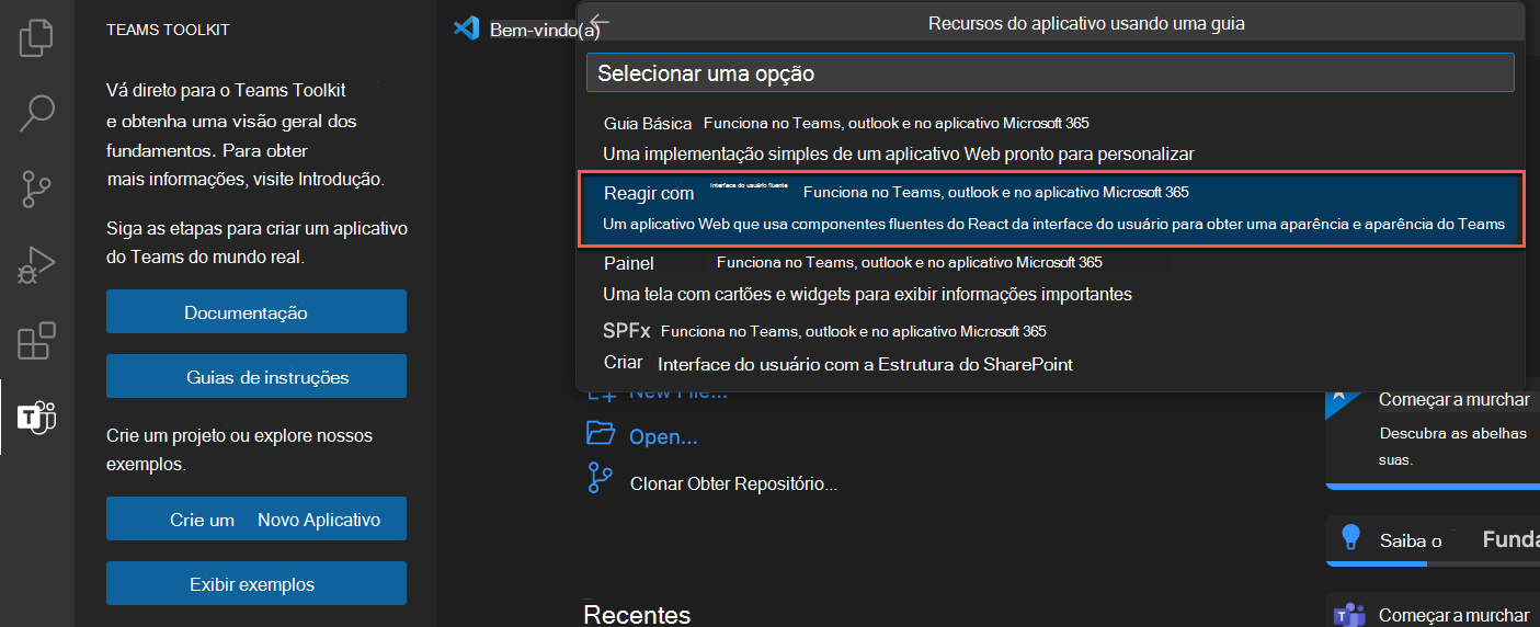 Captura de ecrã a mostrar o modelo da aplicação Teams Toolkit com o separador selecionado.