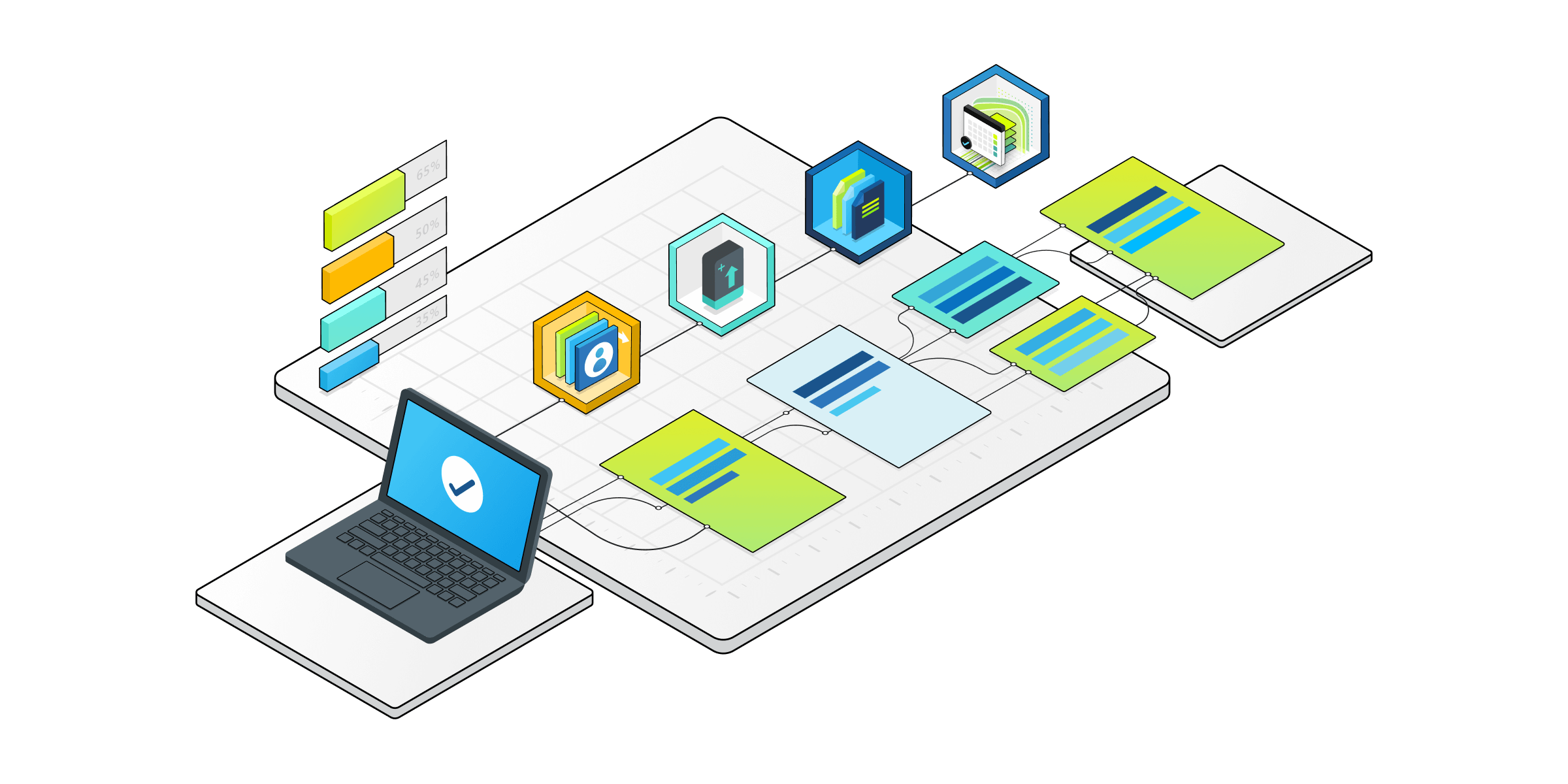 Uma ilustração isométrica dos componentes técnicos dos serviços do Teams.