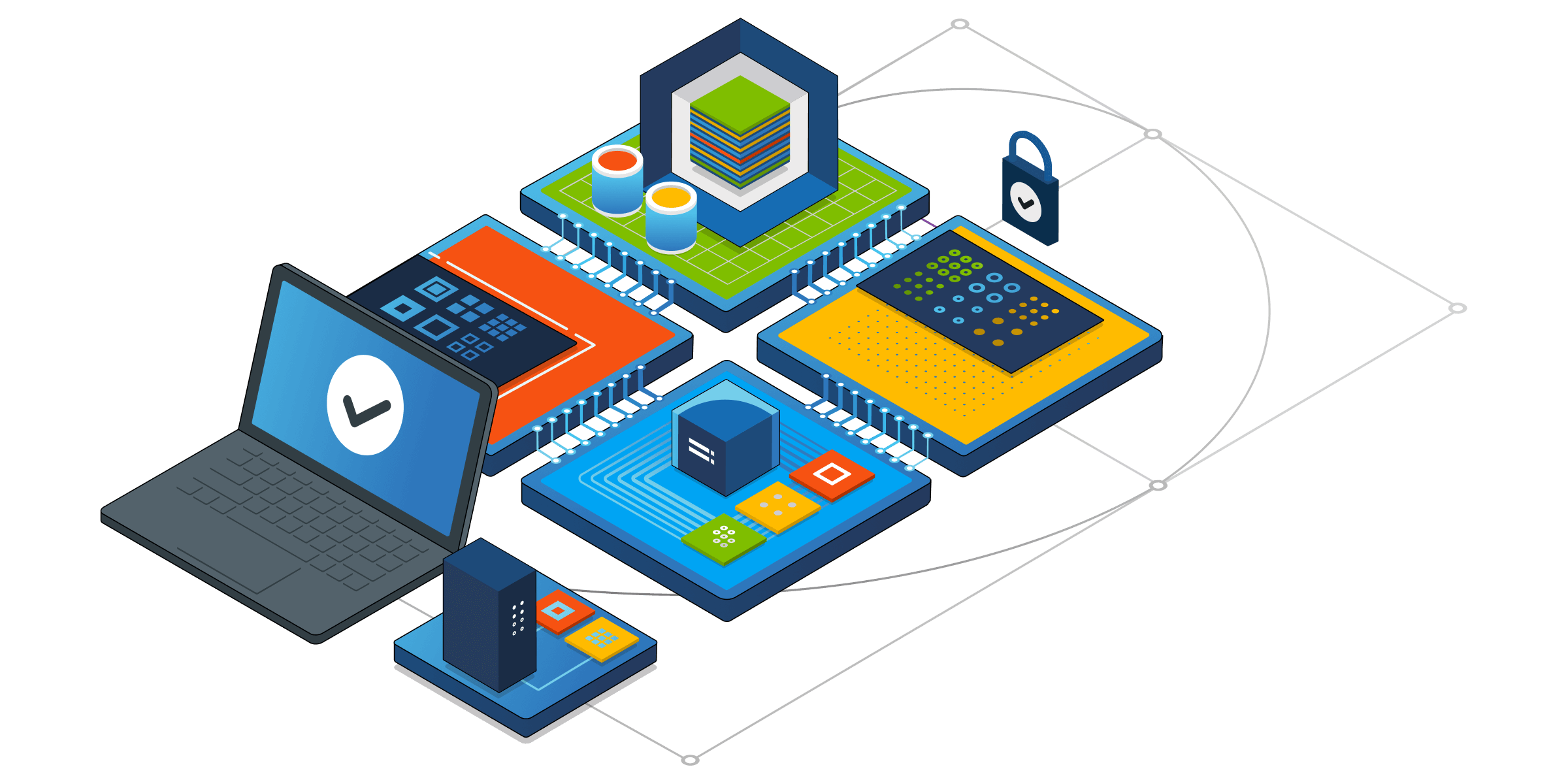 Uma ilustração isométrica dos componentes técnicos dos serviços do Microsoft 365.